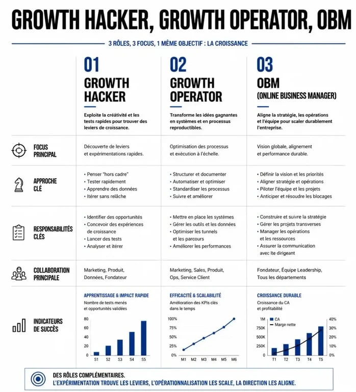 Comparaison entre Growth Hacker, Growth Operator et OBM pour comprendre les différences de rôles