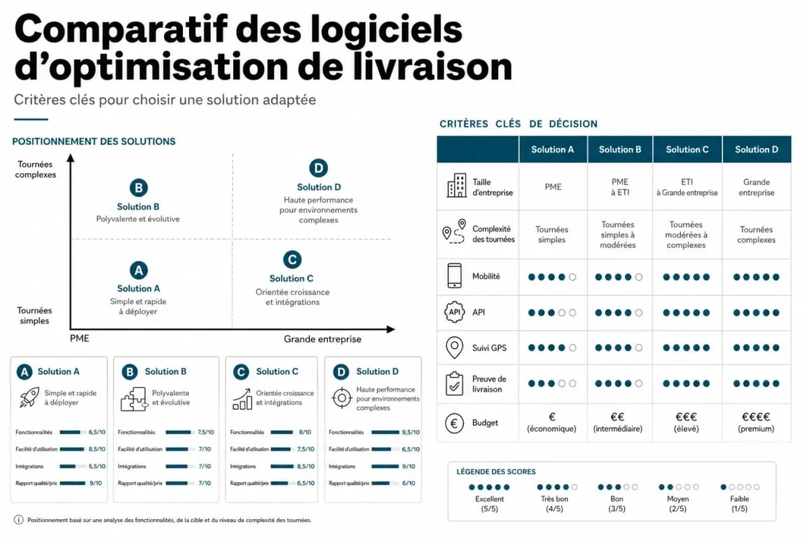 Comparatif logiciel optimisation livraison avec tableau des critères et solutions de livraison