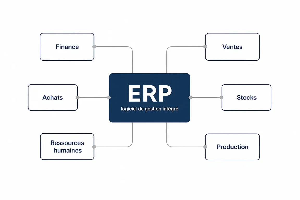 Schéma d’un logiciel de gestion intégré reliant finance, achats, ventes, stocks, production et RH