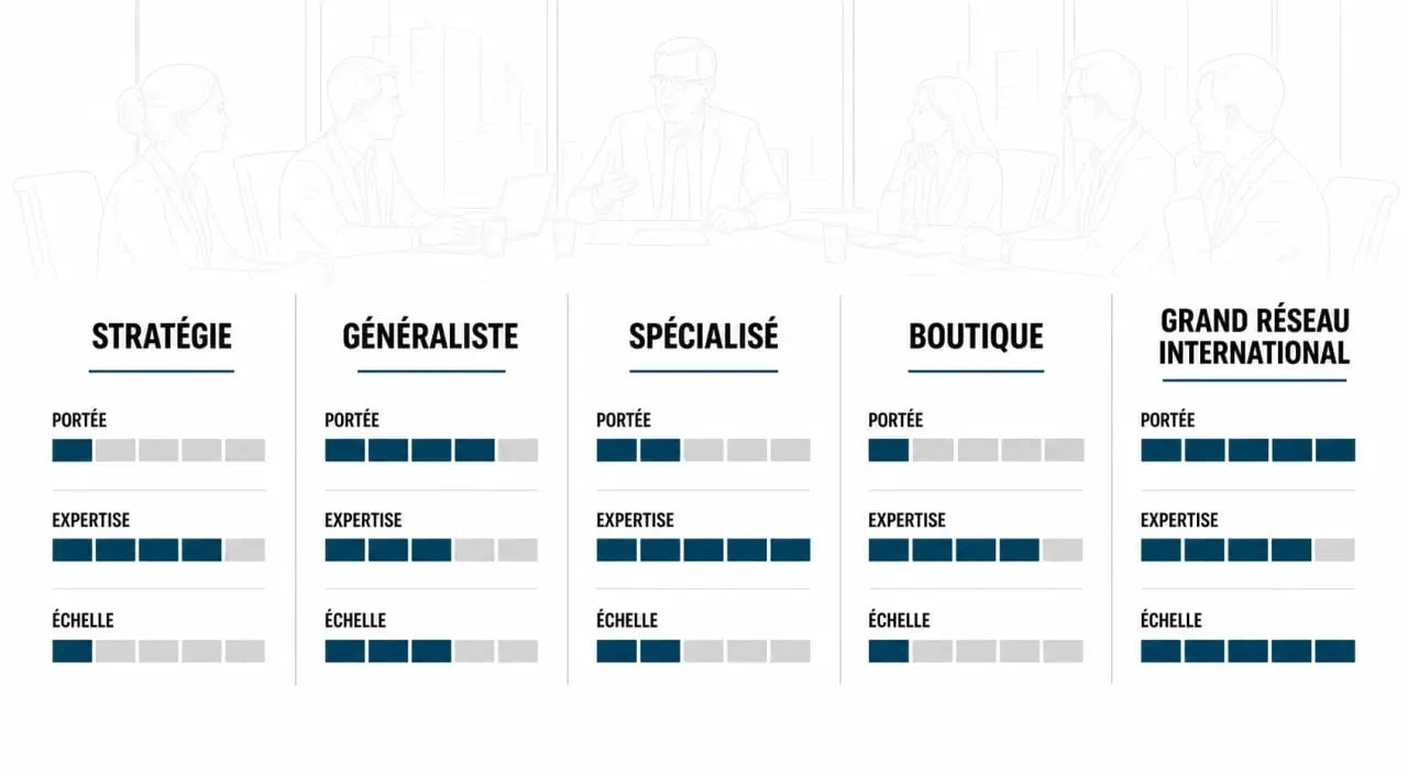 Cabinet de conseil : comparaison visuelle des principaux types, de leurs missions et de leurs usages.