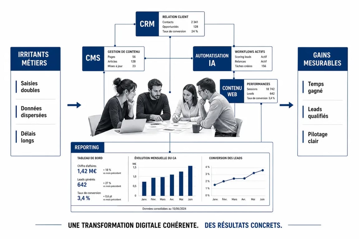 Optimiser la transformation digitale des entreprises grâce aux solutions CrazyApp avec schéma des outils et des étapes de digitalisation