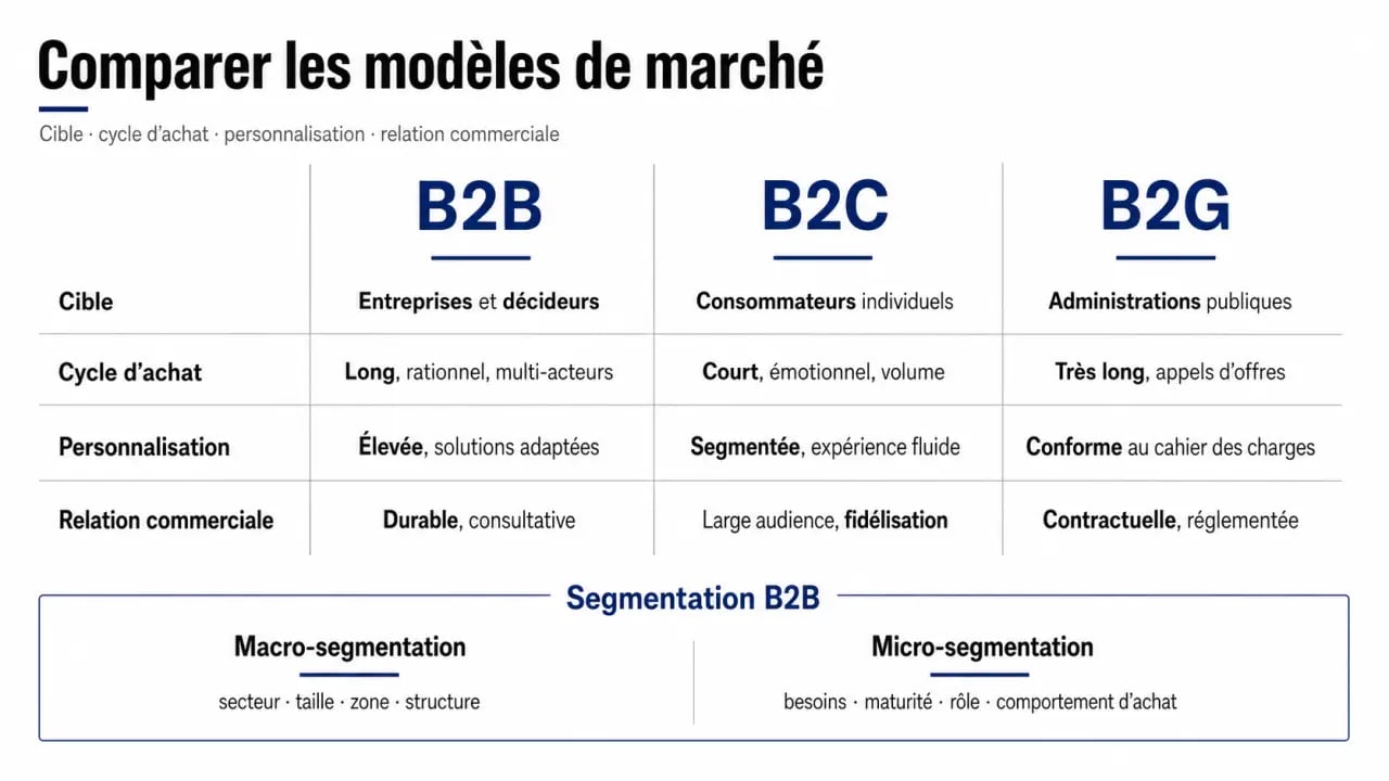 Business, B2B, Entreprise : comparaison visuelle des modèles B2B, B2C et B2G