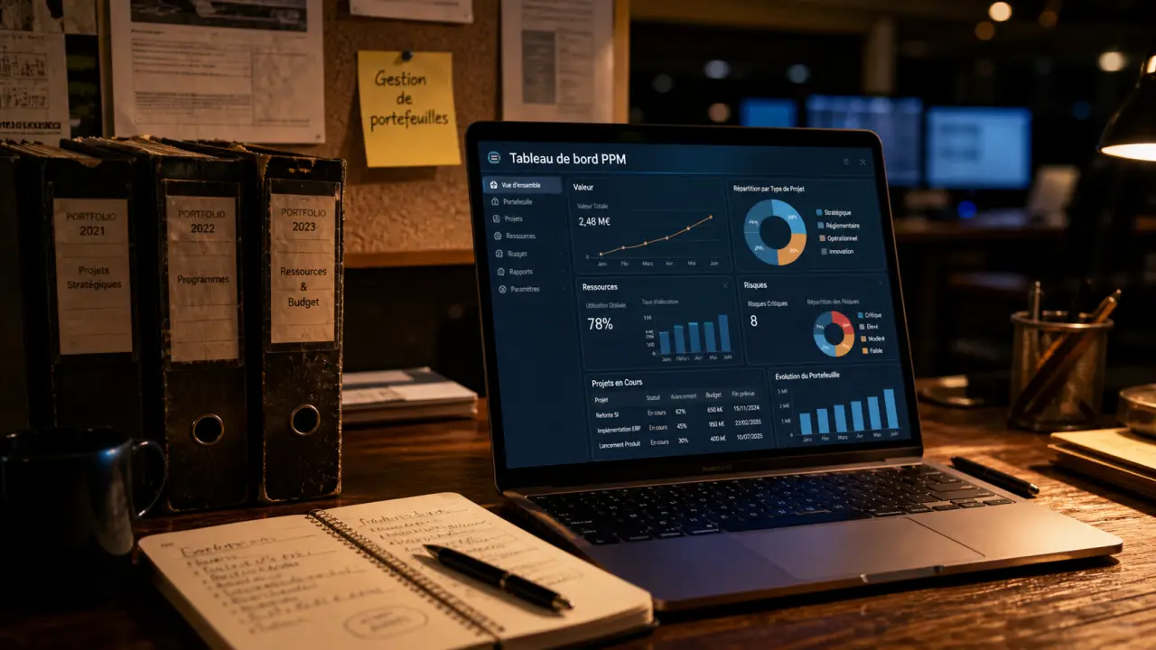 Logiciel de gestion de portefeuilles projet : tableau de bord PPM sur ordinateur