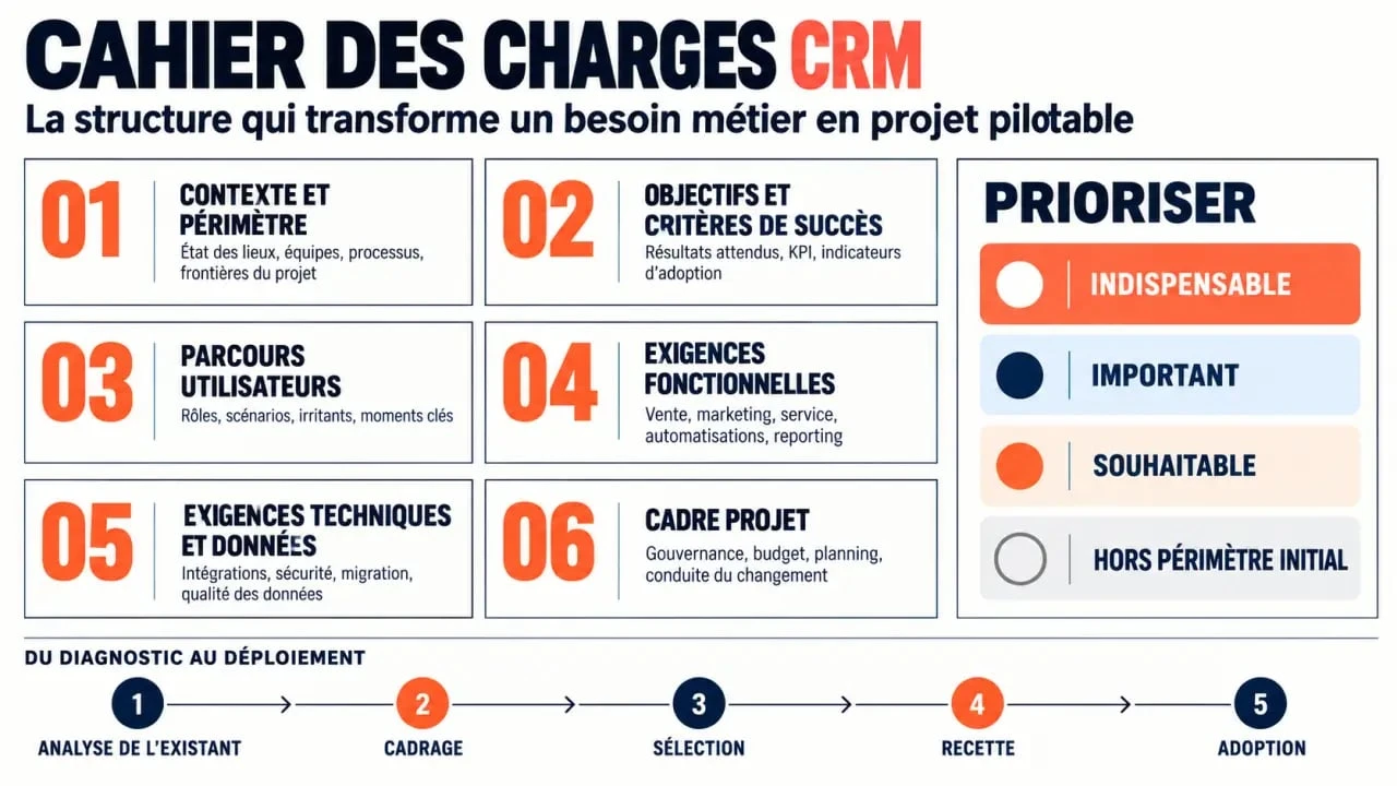 Infographie sur les six blocs d’un cahier des charges CRM et les niveaux de priorité