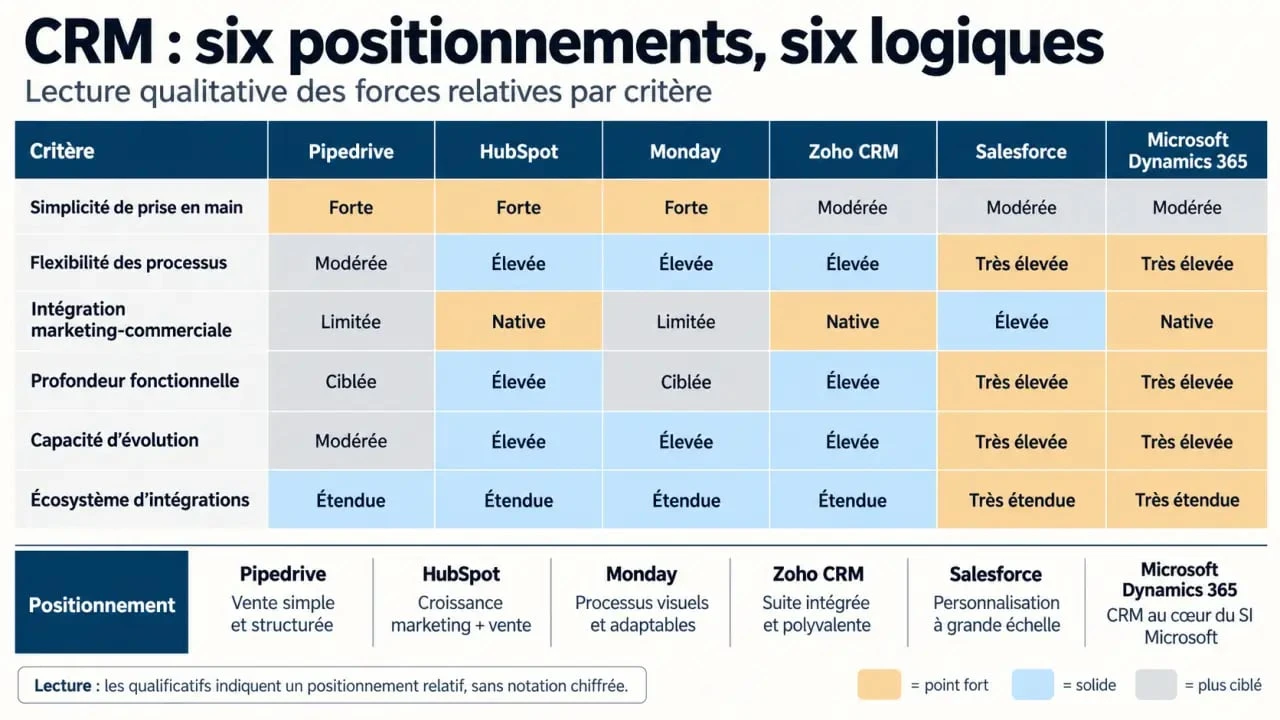 Comparaison Pipedrive HubSpot Monday Zoho CRM Salesforce Microsoft Dynamics 365 selon la simplicité, la flexibilité et la profondeur fonctionnelle