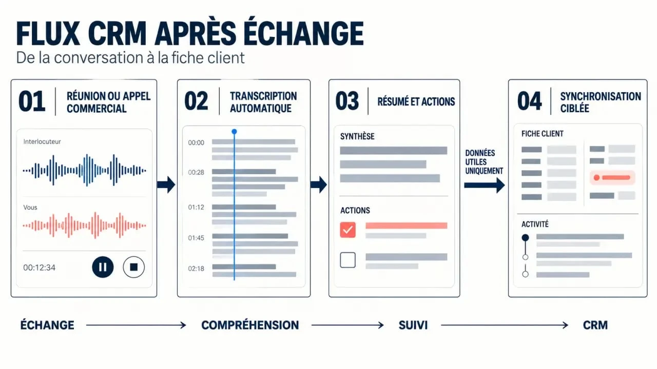 Schéma du fonctionnement d’un leexi crm outil, de la transcription d’un appel à la synchronisation CRM