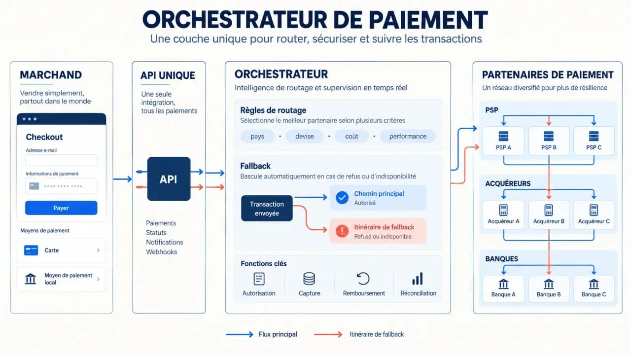 Schéma du fonctionnement d’un orchestrateur de paiement entre marchand, PSP, acquéreurs et banques