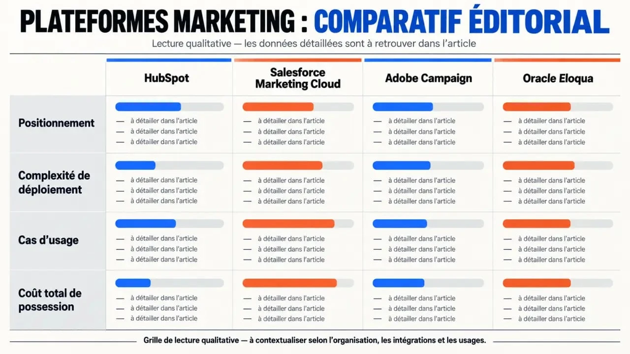 Comparaison HubSpot Salesforce Marketing Cloud Adobe Campaign Oracle Eloqua selon le positionnement, les cas d’usage et le coût total