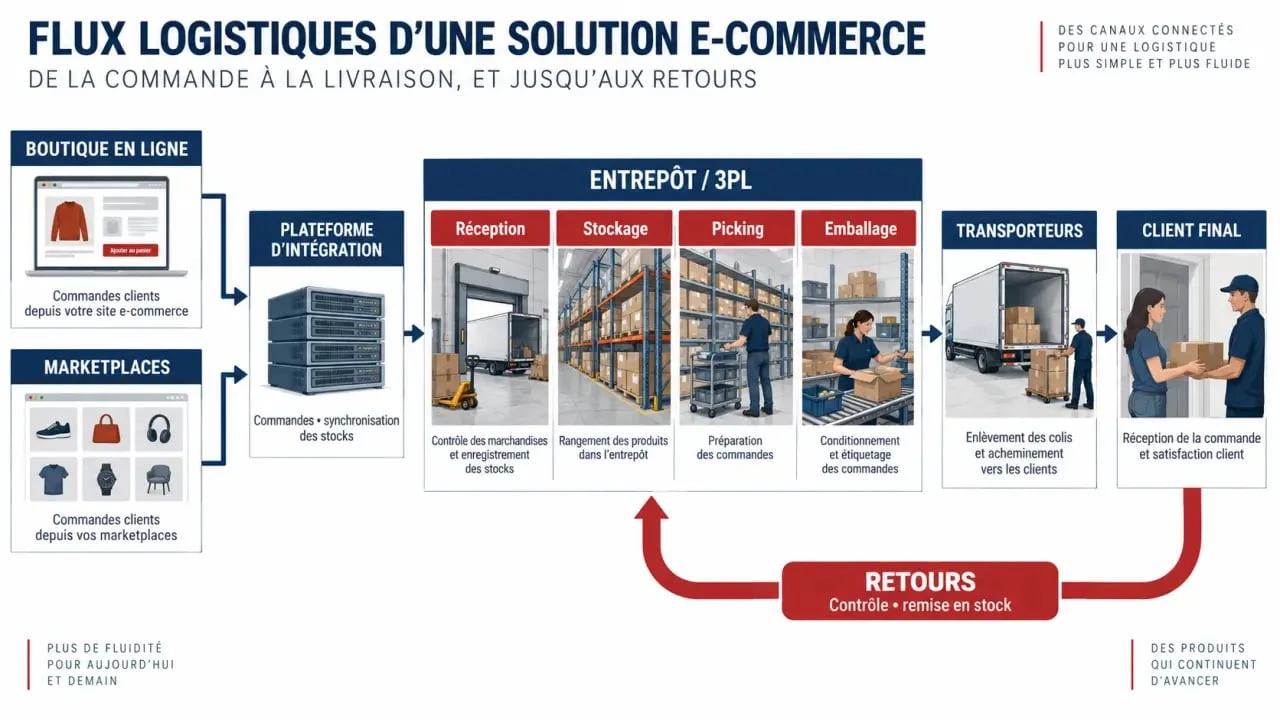Schéma d'une solution logistique e-commerce reliant boutique, marketplaces, entrepôt, transporteurs et retours
