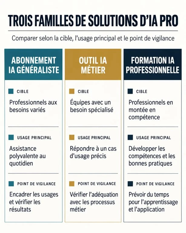 Infographie des trois familles de solutions d’IA pro : abonnement, outil métier et formation