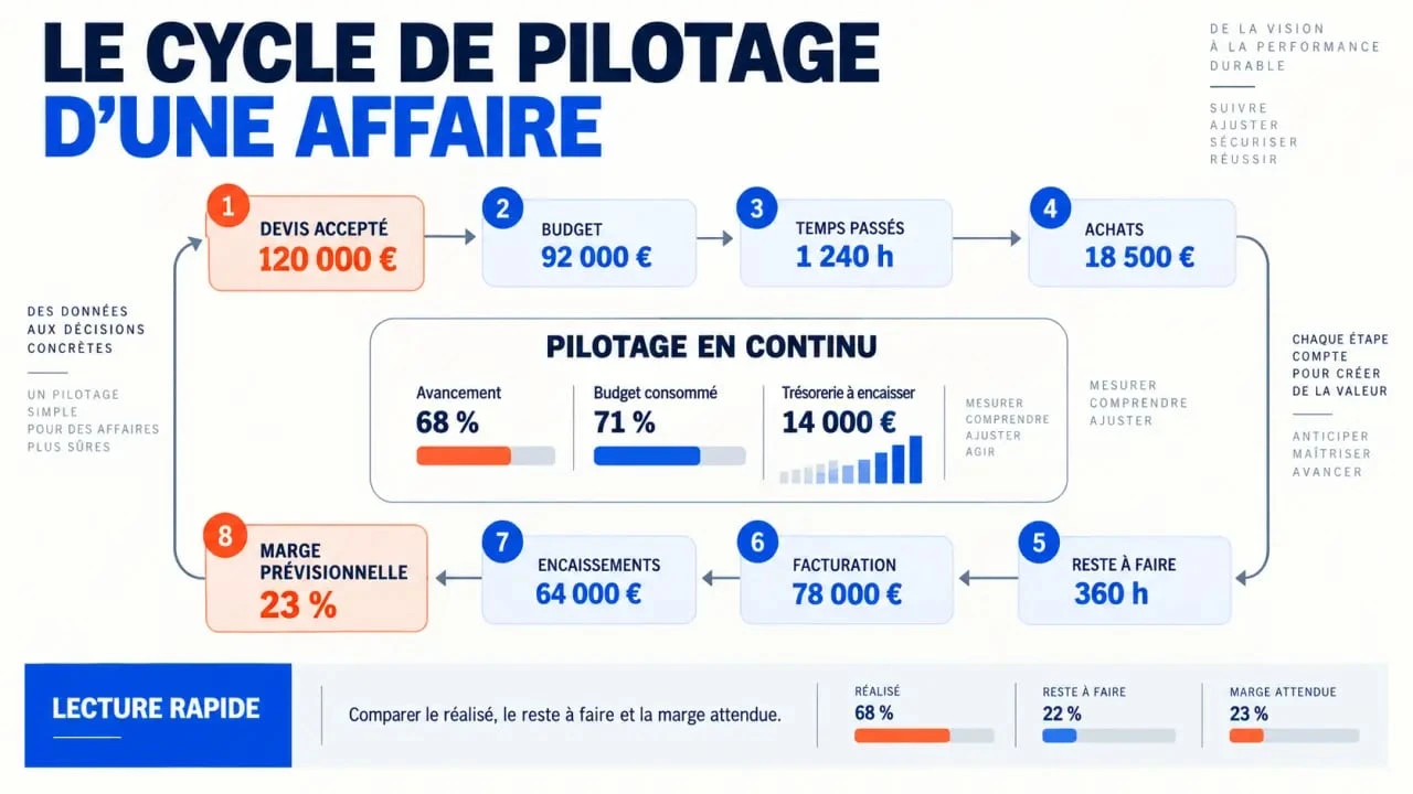 Infographie d'un logiciel de gestion par affaire pour suivre budget, coûts, marge et encaissements
