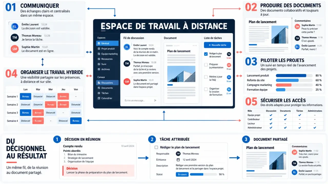 Infographie sur les fonctions d’un logiciel télétravail pour collaborer, piloter les tâches et sécuriser les accès