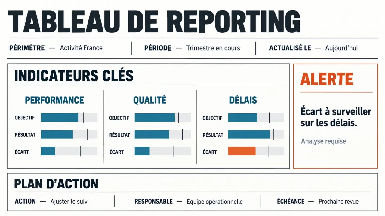 Tableau de reporting reliant KPI, objectifs, écarts et actions