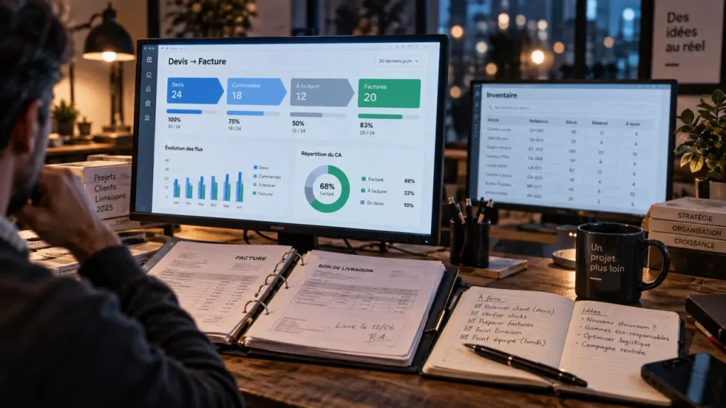 Un ERP de gestion commerciale relie ventes, stocks et factures sans multiplier les silos